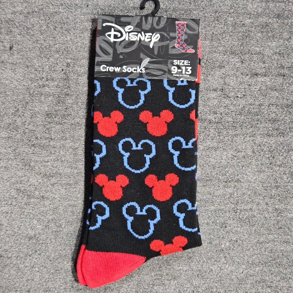 Disney Mickey Mouse Crew Socks Mens Size 9-13 Black Red Blue Silhouette Pattern